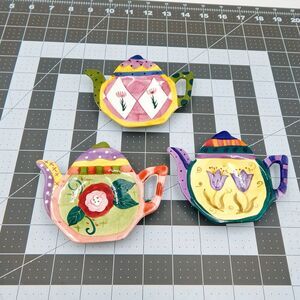 Milson & Louis Hand Painted Floral Ceramic Teapot Tea Bag Spoon Holder Set Of 3